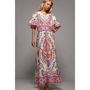 NWT Womens M White Boho Maxi Babydoll Dress Colorful Floral Ruffle Hem Bell Slve